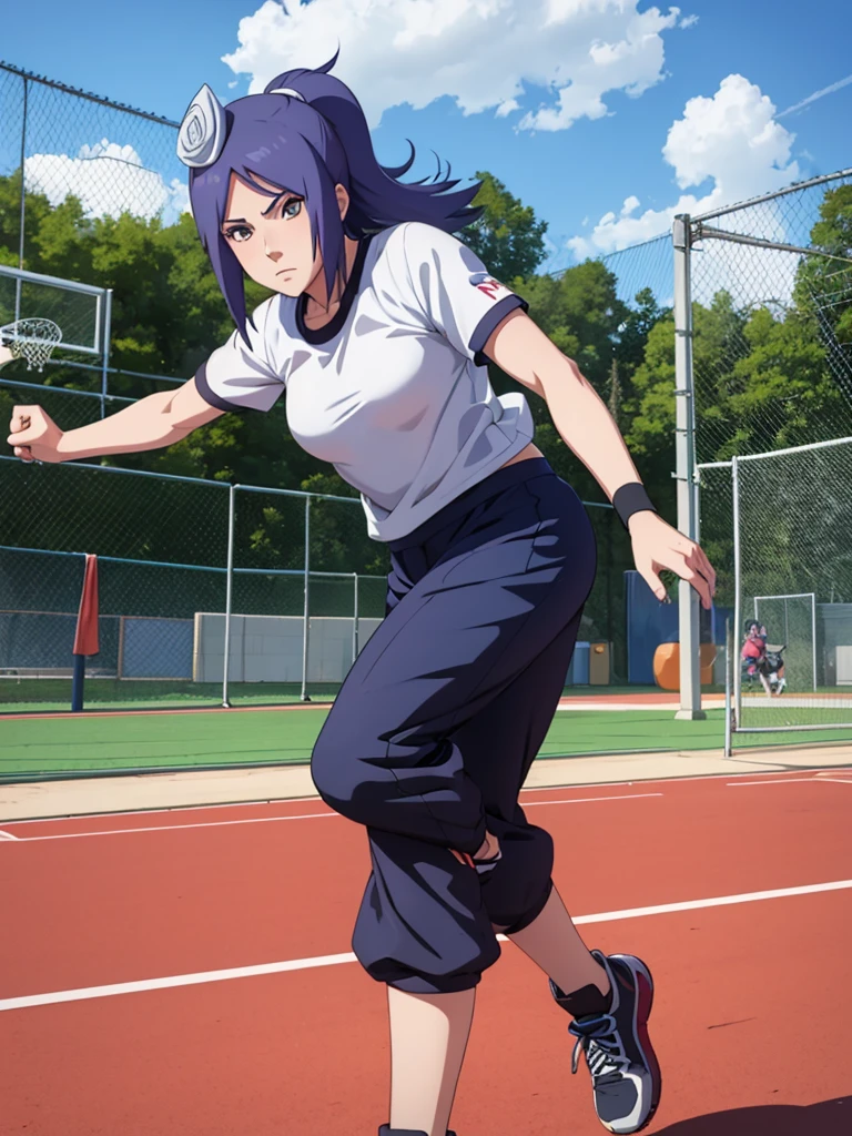 Konan from Naruto, 1girl, as an athlete , wearing sport t-shirt and pants, at a playground, 8k, high detailed, high quality