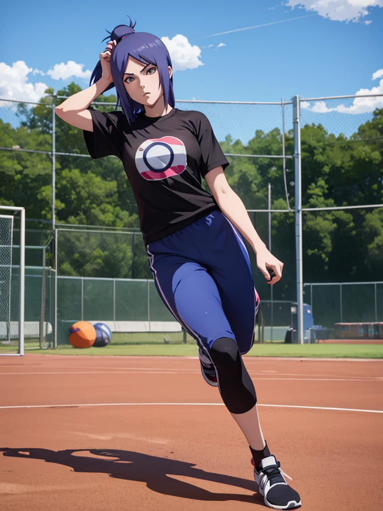 Konan from Naruto, 1girl, as an athlete , wearing sport t-shirt and pants, at a playground, 8k, high detailed, high quality