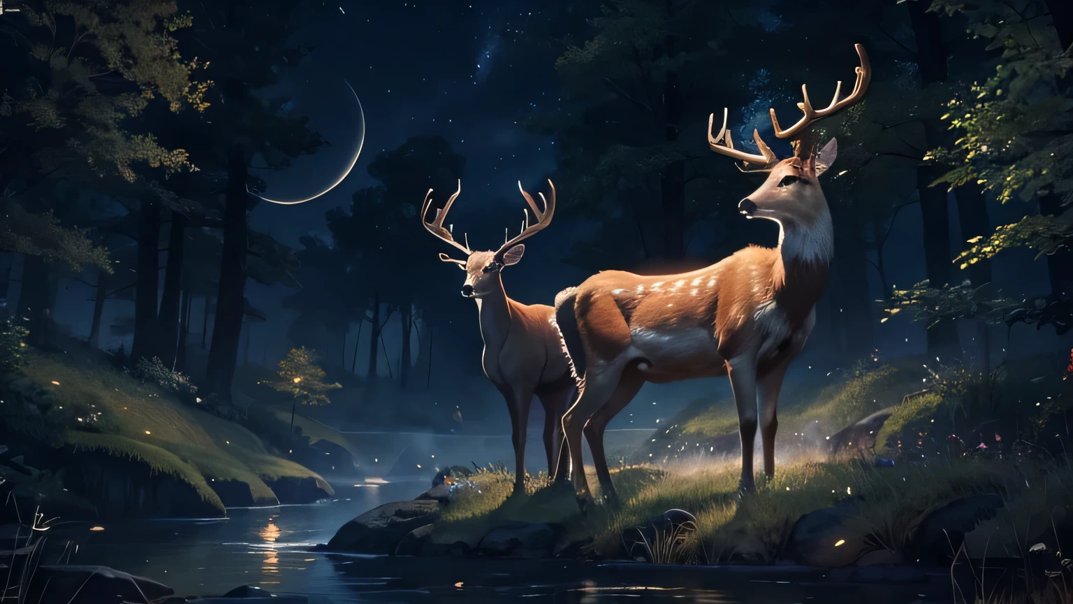 Highest quality　２Deer　The background is a night forest　Crescent Moon　Photorealistic　Fantasy