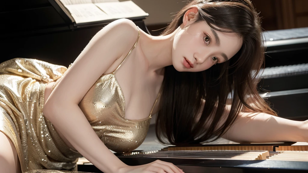 She is wearing a dress. The high-resolution image captures ultra-detailed realism and highlights Athena's seductive eyes, long eyelashes, and smooth skin. She plays the piano.