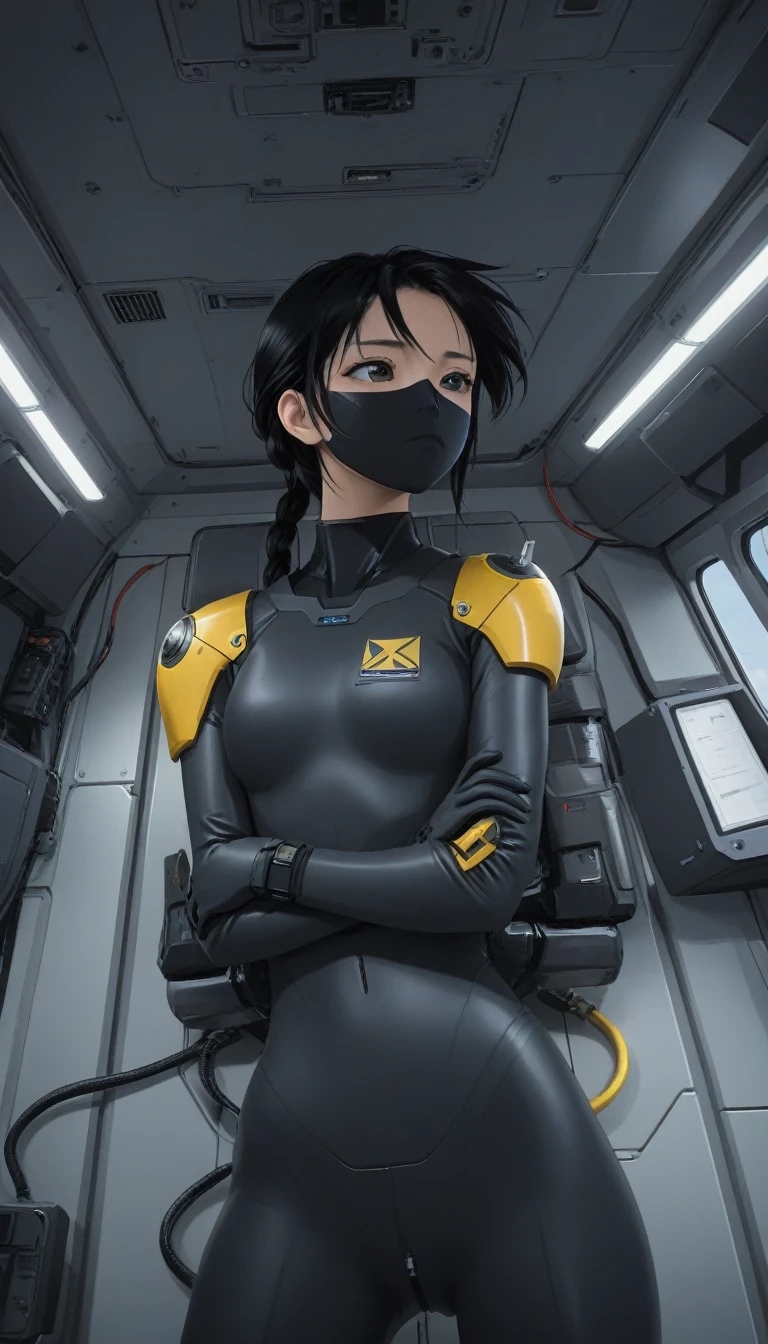 1 Girl、Medium Bust、solo、Black Hair、Braid、Mobile Race Suit、Shoulder Armor、ceiling、Wide Shot、Looking Ahead、Arms crossed、Closed Mouth、Highest quality、medium quality、22 years old、Mobile Trace System、cockpit、Asian、