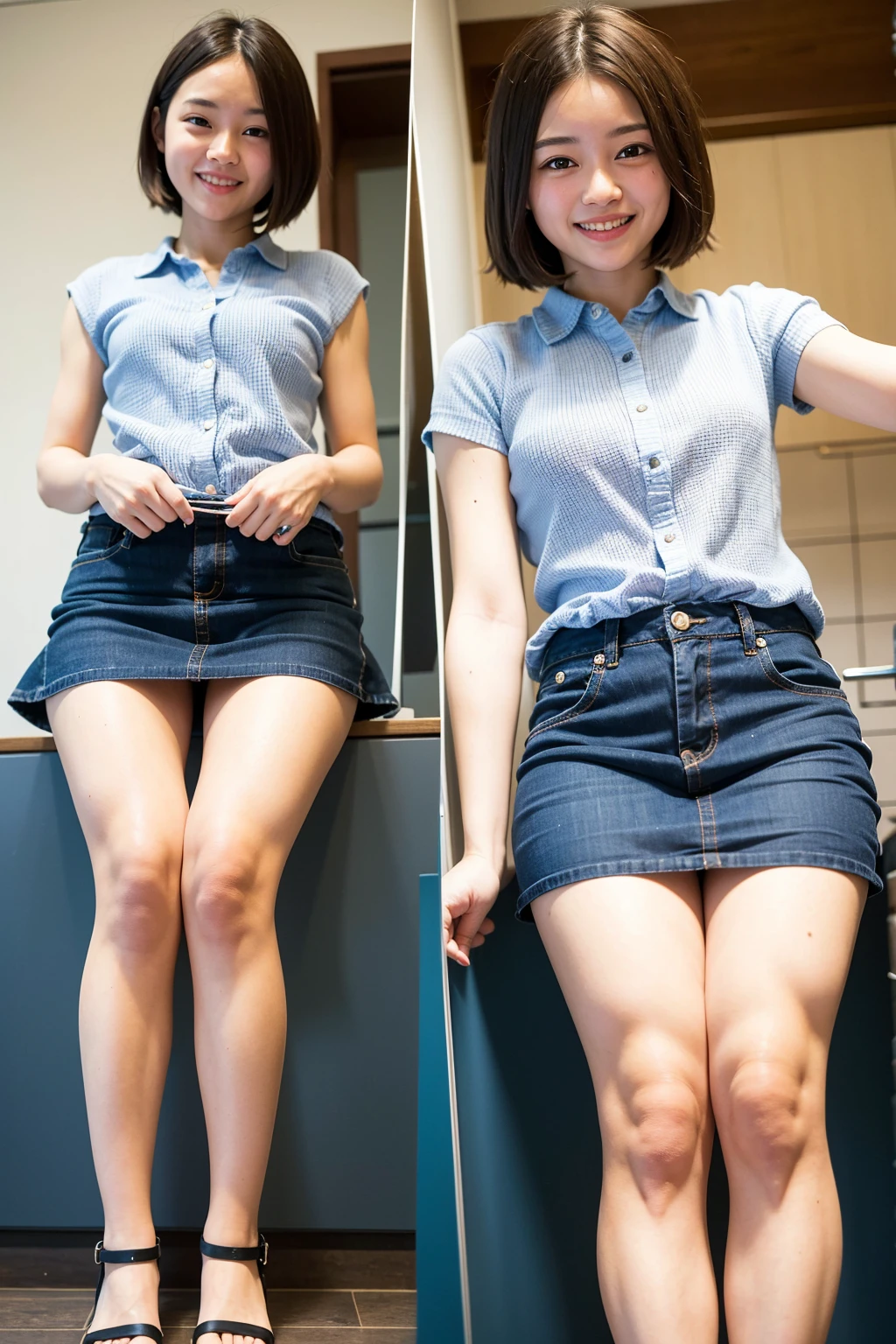Top quality, 1 beautiful woman, super short Hair, mini skirt, (skirt lift:1.3), (from bottom:1.3) , shy-smile,  at school 