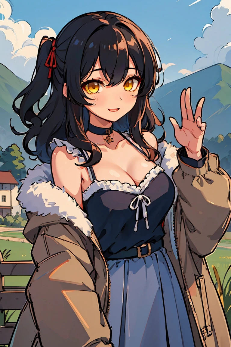 (masterpiece:1.2), (high quality:1.2), (hui xiyi:0.7), rekkyo sensen, rekkyou sensen, girls with((1girl, solo, black hair, yellow eyes, (wavy medium hair, one side up:1.3), blush, breasts, black choker, cleavage, coat, bare shoulders, collar, collarbone, cowboy shot, camisole, navy clothes, frills shirt, ribbon shirt, dress, black ribbon belt, rosary, cross, fur, khaki jacket, hood down, hooded coat, hooded jacket, hoodie, jacket, large breasts, long hair, long sleeves, medium breasts, open clothes, open coat,open hoodie, sleeveless, winter clothes, zipper, cleavage, upper body, hand up, waving, palm)), background with((architecture, blue sky, bush, castle, village, no humans, cloud, cloudy sky, day, field, garden, grass, hill, house, lamppost, landscape, mountain, mountainous horizon, nature, no humans, outdoors, scenery, shrine, sky))