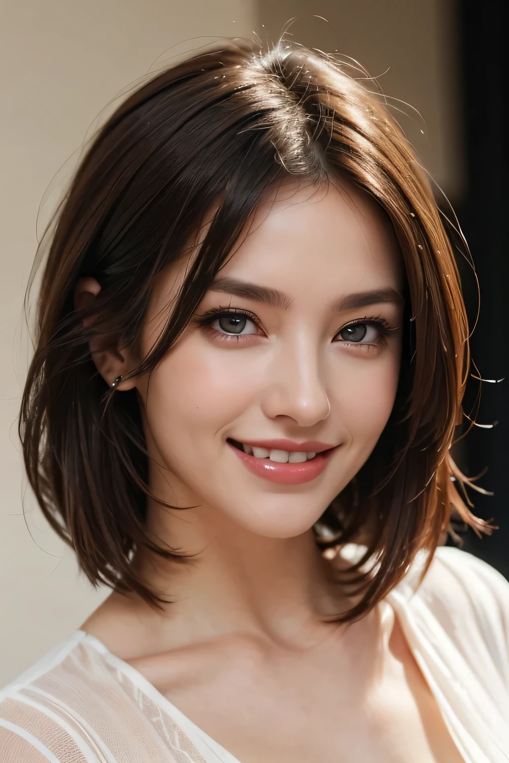 ((masterpiece)), ((Highest quality)), ((Complex)), ((Surreal)), (Realistic), (Mature Woman), ((There are no classes)), Very detailed, (1 female), Beautiful and exquisite, (Beautiful Teeth), Grin, Brunette Bob Hair, Brown eyes, ((blouse)), (Upper Body), (background:none), Perfect Eyes, Captivating eyes, Looking at the audience