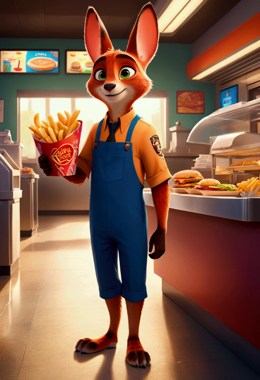 Fast Food Worker, by Zootopia, full body, cinematic still, cinemascope, best quality, masterpiece, very aesthetic, perfect composition, intricate details, ultra-detailed, vivid colors