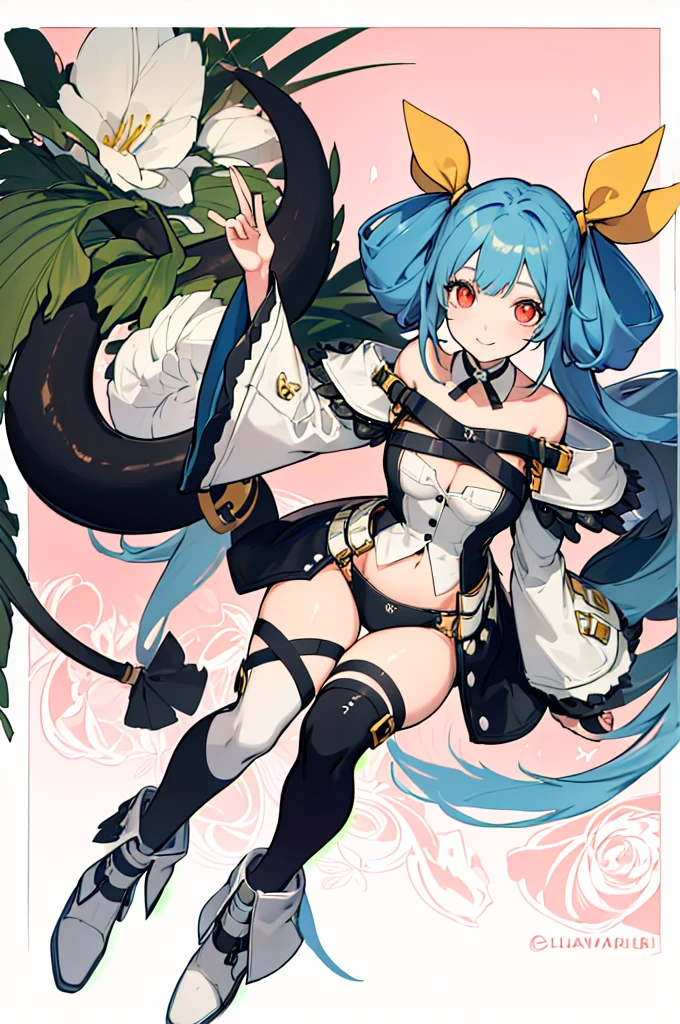 (masterpiece, Highest quality:1.2), alone, One girl, To feel dizzy, smile, View your viewers, Sitting, Hair Ribbon, Removable sleeves, Wide sleeves, underwear, Knee socks, Thigh straps, choker, belt, asymmetrical wings, tail, tail ornament, Bare shoulders, belly button, Cleavage 