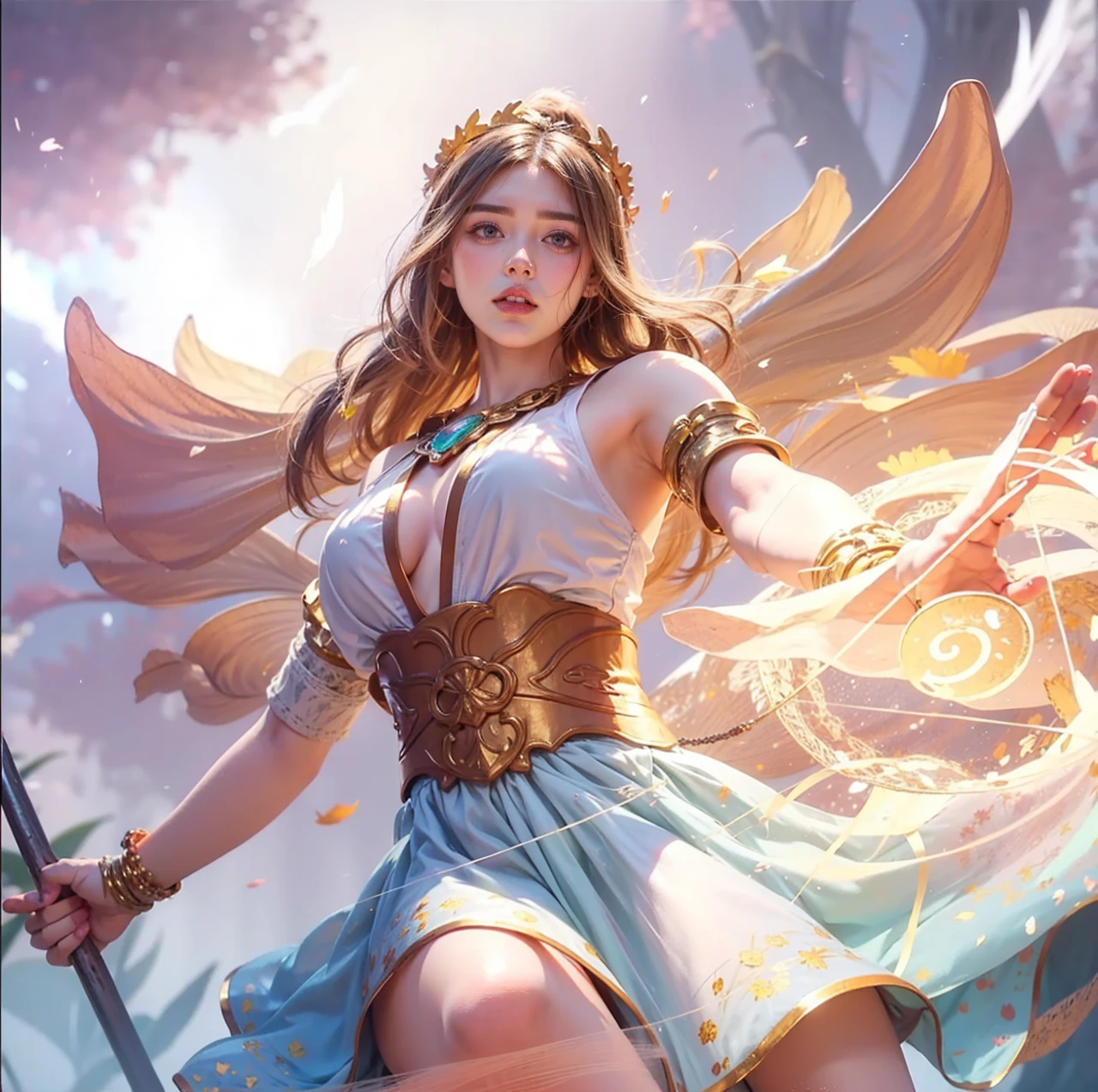 pink eyes, pink and white, sakura leafs, vivid colors, white dress, paint splash, simple background, ray tracing, wavy hair