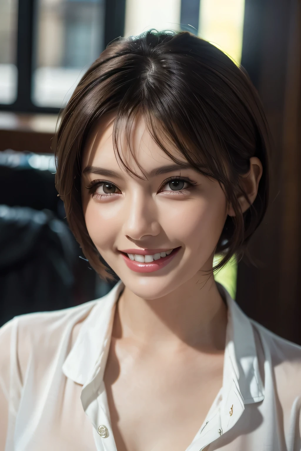 ((masterpiece)), ((Highest quality)), ((Complex)), ((Surreal)), (Realistic), (Mature Woman), ((There are no classes)), Very detailed, (1 female), Beautiful and exquisite, (Beautiful Teeth), Grin, Brunette Bob Hair, Brown eyes, ((blouse)), (Upper Body), (background:none), Perfect Eyes, Captivating eyes, Looking at the audience