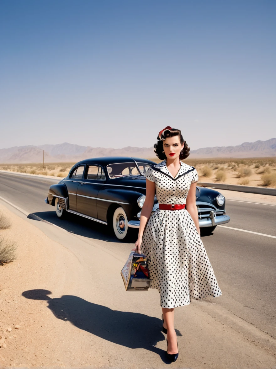 1950s Style, Woman wearing a polka dot dress, Steam Hudson Hornet classic car leaving her breakdown, Walking towards the camera, Empty highway in the desert, Comic Books,Comic Books