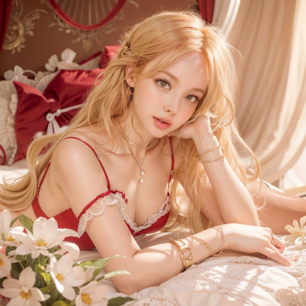 Best Quality, master part, ultra high resolution, (photorealistic:1.4), raw photo, 1 girl, laying down in on red bed and looking at the viewer, long red hair, pale skin, Half body, neckline.