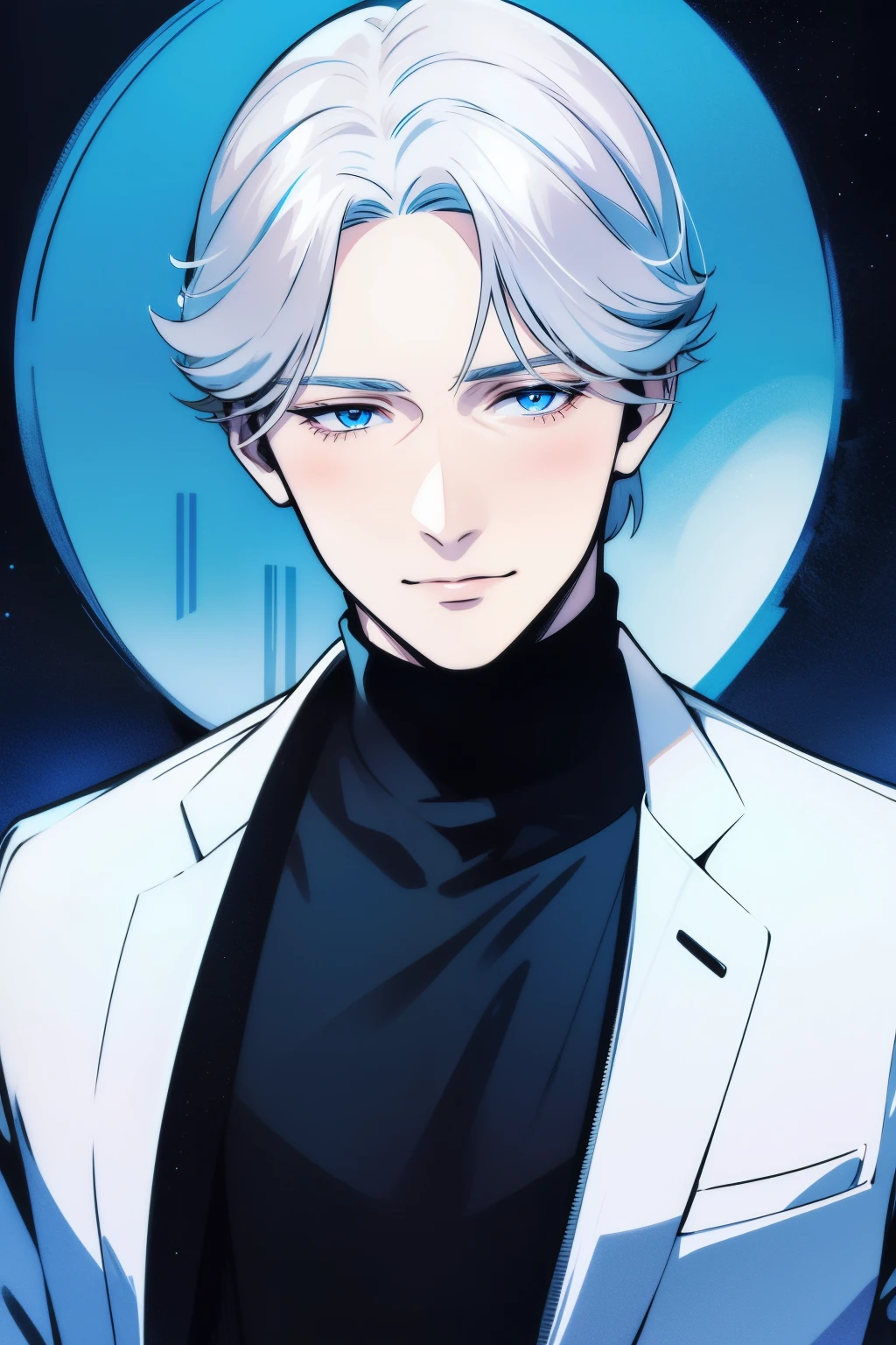 Boy, silver hair, blue eyes, serious sharp features, white skin, cool, handsome, perfect, sweater, formal jacket