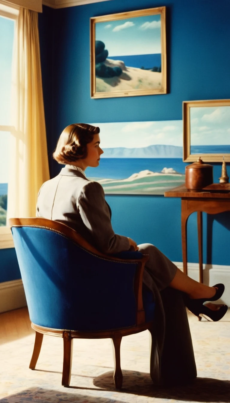 (Masterpiece. Oil painting. Rene Magritte. Edward hopper style).
Wide view of an ultra hot gorgeous European woman. Age 23. sitting in a chair on a rocky hill looking at something with deep blue dark cloudy sky Kodak Ektar Film Stock Footage Style, faded film, desaturated, 35mm photo, grainy, vignette, vintage, Kodachrome, Lomography, stained, highly detailed, found footage
