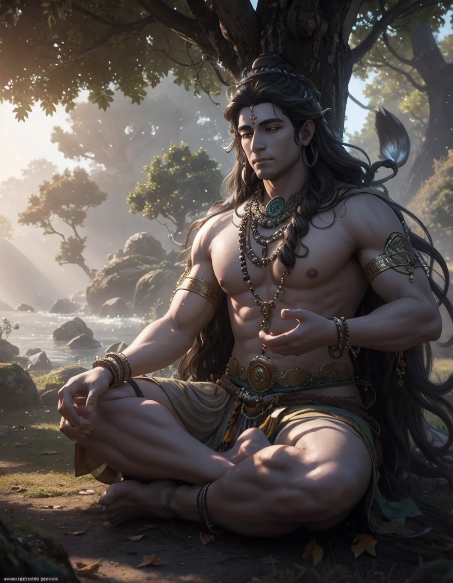 Lord Shiva, meditating under divine tree, wind blowing, sunlight from top angle, little leaf falling from tree, masterpiece, 8k resolution, dynamic lighting, hyper detailed, intricately detailed, trending on Artstation, deep color, Unreal Engine,volumetric lighting, Alphonse Mucha, Jordan Grimmer.