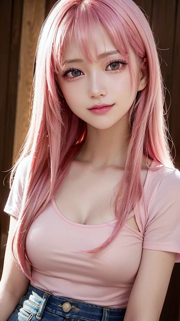 (Close-up:1.4)、(RAW shooting:1.2)、(Photorealistic:1.4)、(masterpiece:1.3)、(highest quality:1.4)、One Girl、(Slender and beautiful girl)、(Small waist)、(Mid-chest:1.2)、Breast、Absurd、Extremely detailed、Very complicated、Detailed face、Detailed eyes、Realistic、Very detailed、full body shot、Beautiful Face、One girl、Purple Eyes、(Shiny skin、Soft Hair)、(Milkshake in hand)、freckles、(Bright pink two-tone hair:1.3)、(Wearing a Led Zeppelin T-shirt、Denim jeans)、(Extreme light and shadow、Volumetric lighting、Rim Light)、(Rainbow Light、Light leakage)、(Fascinating、Grin)、evening、
