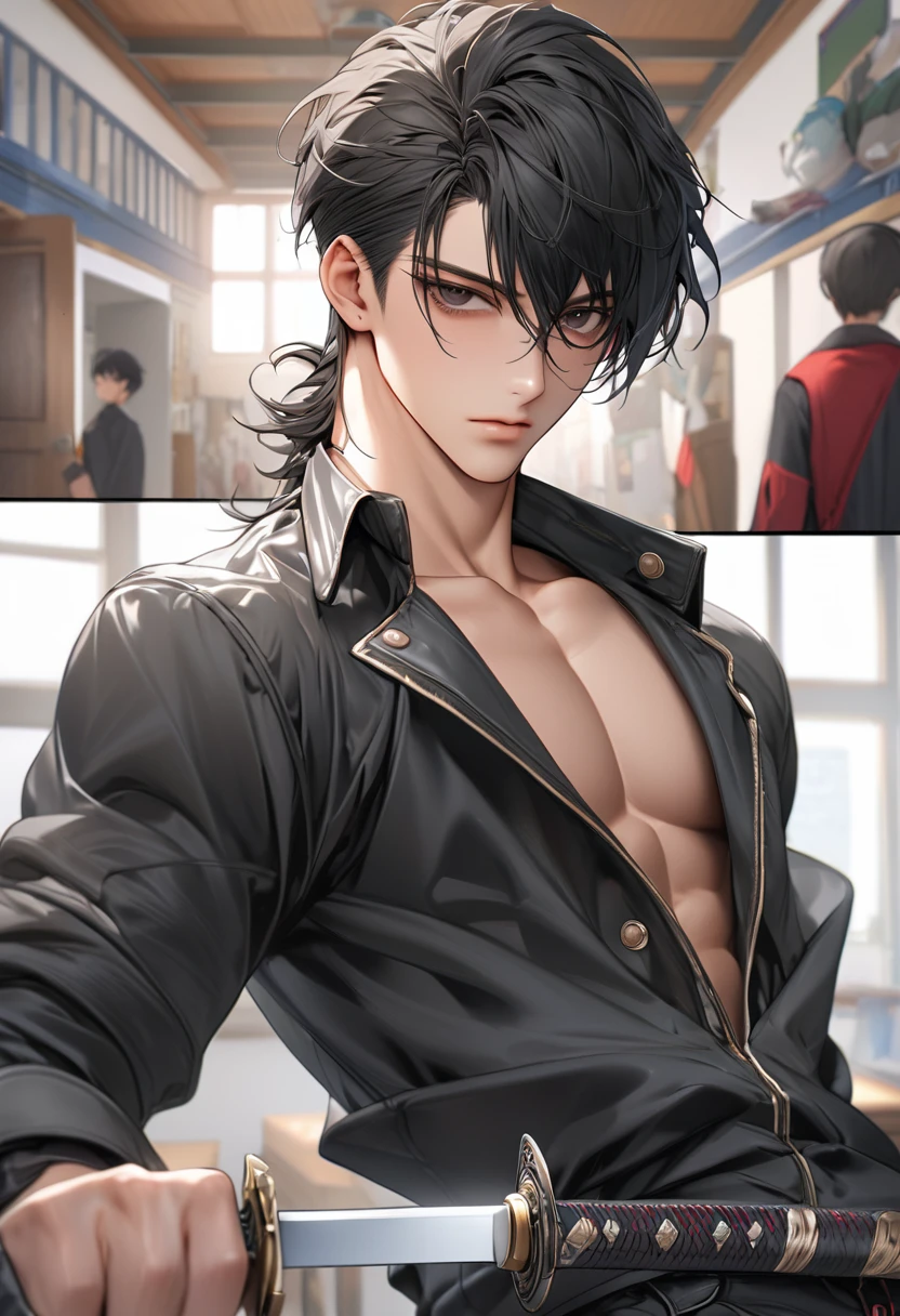 A highschool boy, handsome, perfect body, black hair, short hair, mullet, black eyes, upturned eyes, expressionless, black jacket, anime, first-person view, masterpiece, anatomically correct, high details, highres, best quality, super detail, sword master
