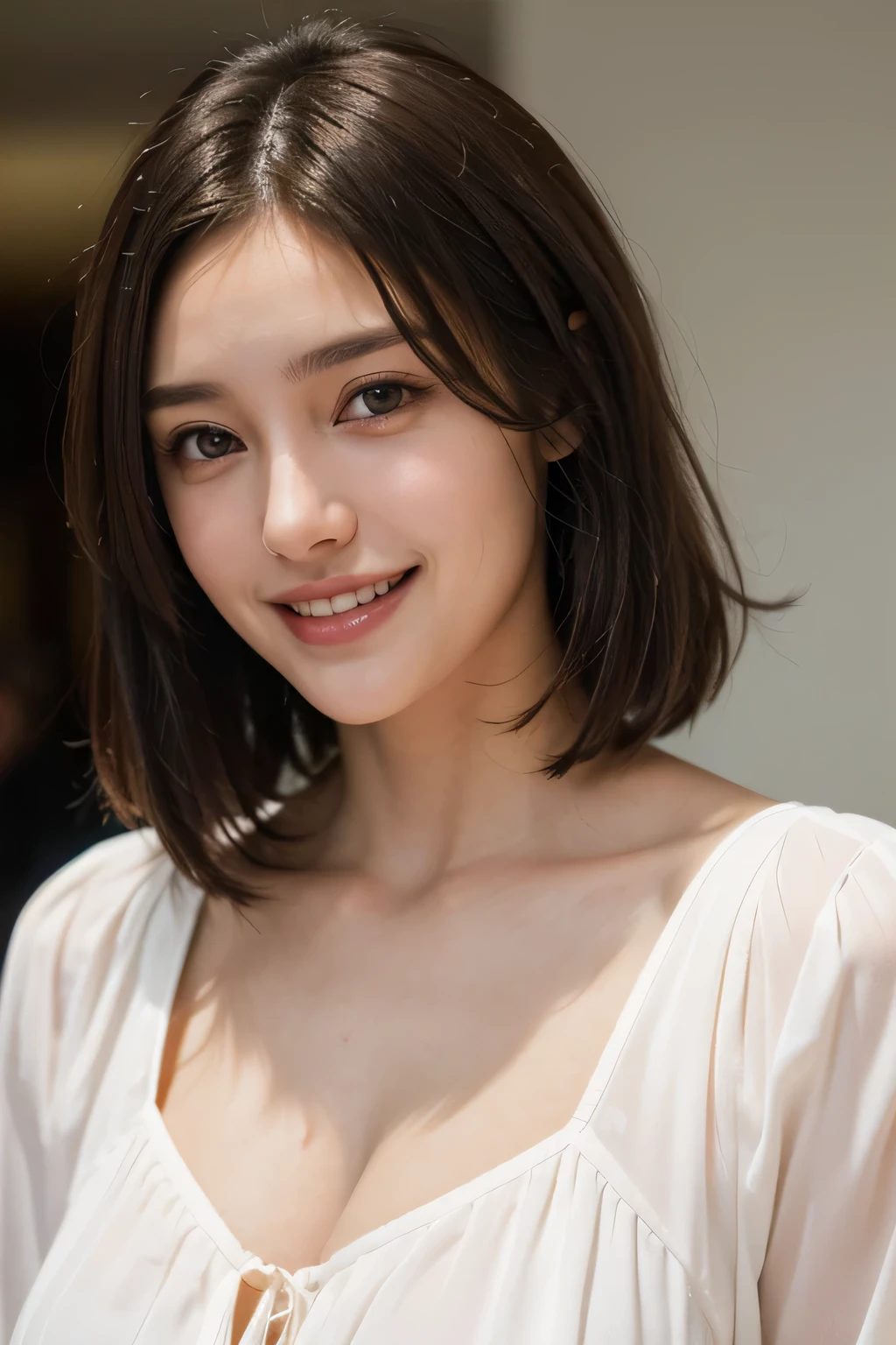 ((masterpiece)), ((Highest quality)), ((Complex)), ((Surreal)), (Realistic), (Mature Woman), ((There are no classes)), Very detailed, (1 female), Beautiful and exquisite, (Beautiful Teeth), Grin, Brunette Bob Hair, Brown eyes, ((blouse)), (Upper Body), (background:none), Perfect Eyes, Captivating eyes, Looking at the audience
