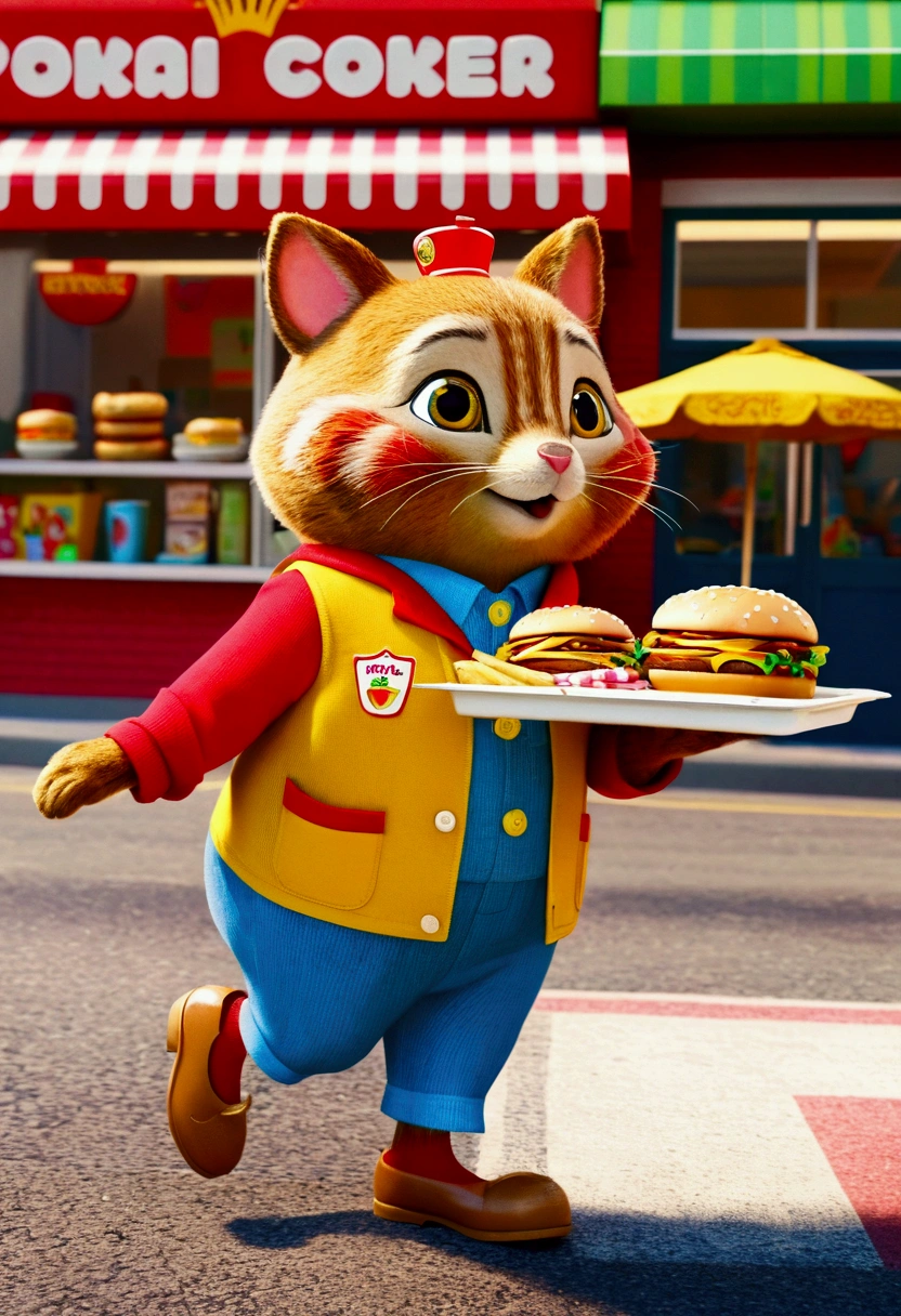 Fast Food Worker, by Richard Scarry, full body, cinematic still, cinemascope, best quality, masterpiece, very aesthetic, perfect composition, intricate details, ultra-detailed, vivid colors