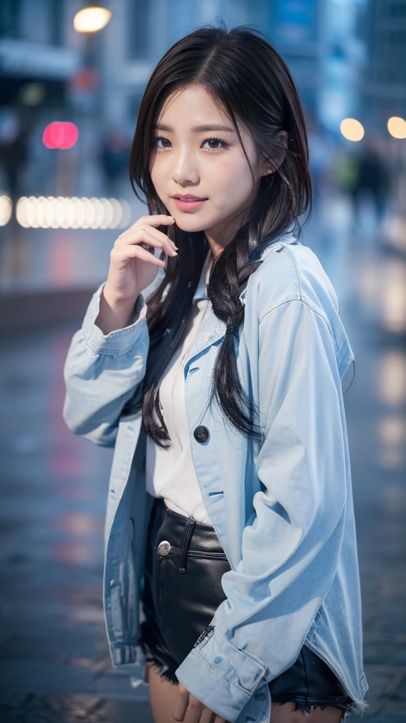 (8k, RAW photo, best quality, masterpiece:1.2), (realistic, photo-realistic:1.37), omertosa, 1girl, (Kpop idol), (aegyo sal:1), cute, cityscape, rain, wet, professional lighting, photon mapping, radiosity, physically-based rendering,,