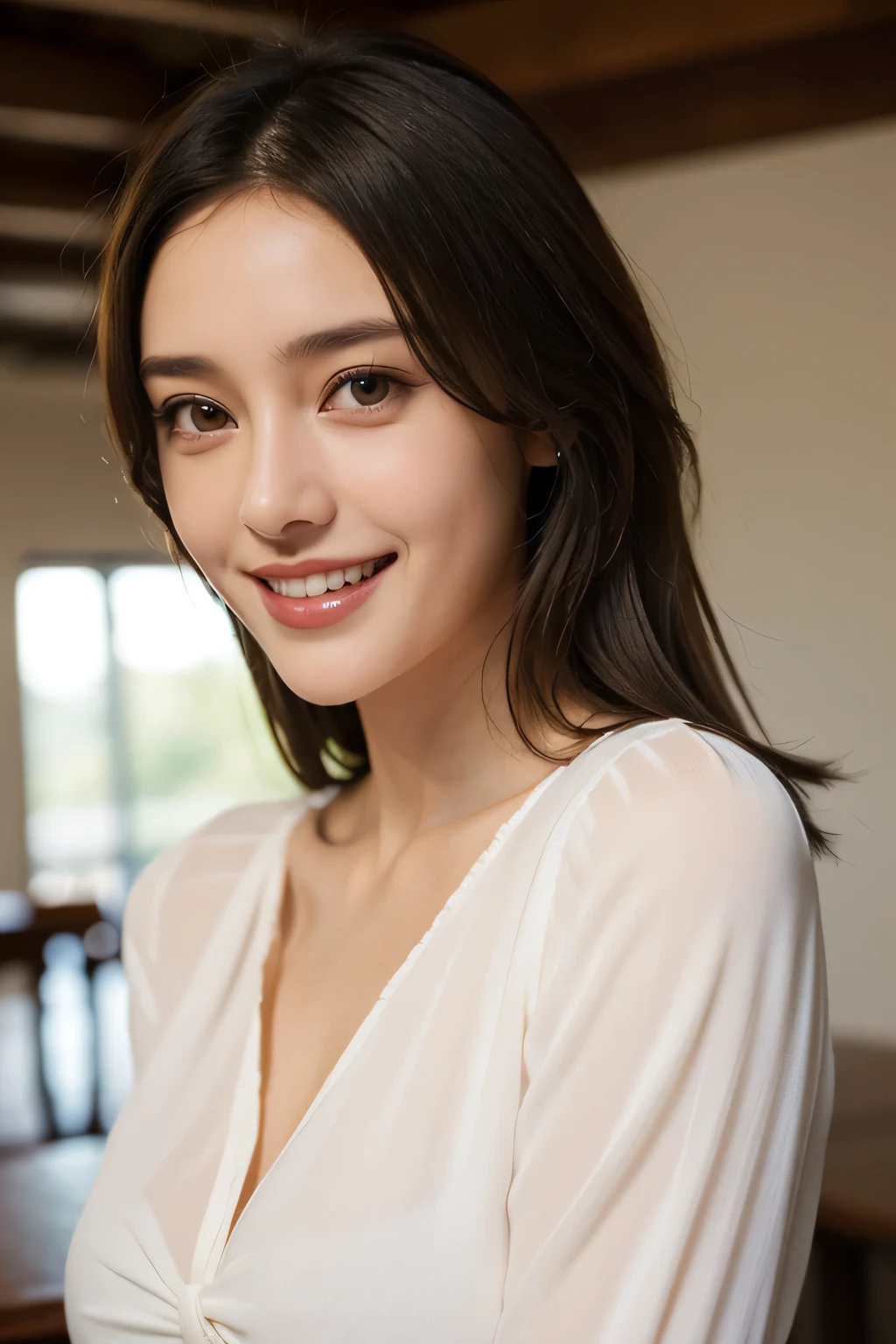 ((masterpiece)), ((Highest quality)), ((Complex)), ((Surreal)), (Realistic), (Mature Woman), ((There are no classes)), Very detailed, (1 female), Beautiful and exquisite, (Beautiful Teeth), Grin, Brunette Bob Hair, Brown eyes, ((blouse)), (Upper Body), (background:none), Perfect Eyes, Captivating eyes, Looking at the audience