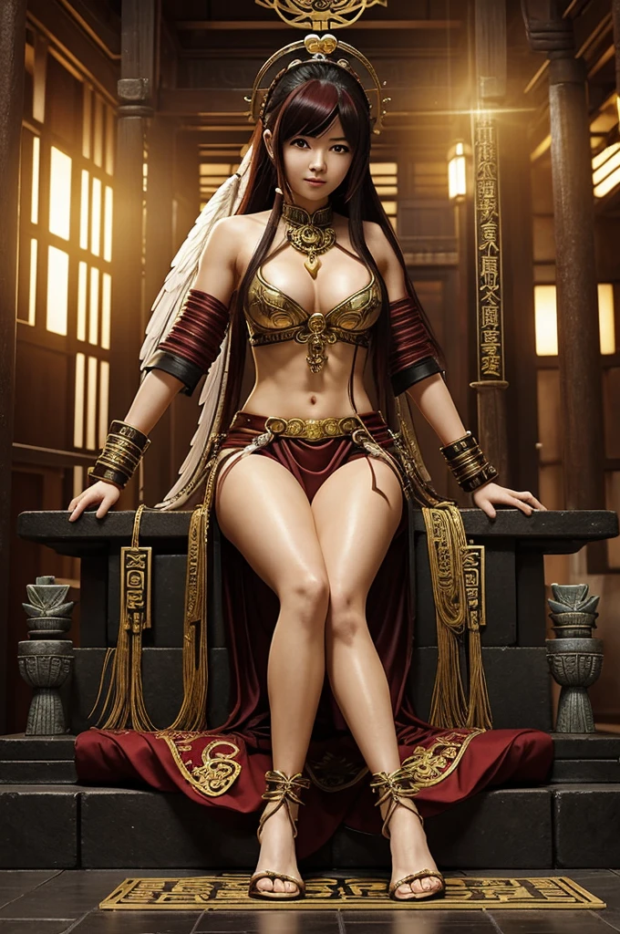 Create an image of Yoko Hiromine from Shin Megami Tensei V: Vengeance. She is depicted in a mystical, ancient temple, seated with her ankles restrained by magical cuffs. Ethereal, glowing feathers are gently tickling the soles of her feet, causing her to laugh uncontrollably. The temple surroundings are ornate and filled with mystical symbols and artifacts