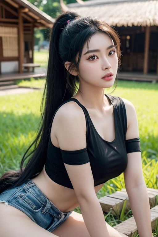 ภาพถ่ายหน้าตรงThai anime, Female anime Araffe 25 30 years old, Old ripped jeans, dark green t-shirt, Looking straight at you intently, Long-haired woman with a round face, Red cheeks, Pink cheeks, black eyes ตาสองชั้น, black eyes, Thai anime, Has a large chest size of 38 inches.,  ponytail woman, flowing black hair, long flowing black hair, she has black hair, Her black hair was long and wavy., beautiful black hair, Extra dark natural black hair, The shirt is tight., Looks hot., ,black eyes,abdominal muscles, rounded chest, outdoor, The background is a rice field., There is an old thatched Thai-style hut in the background., The evening sun shines, beautiful female model, jaw-dropping beauty, Attractive face and body, realistic: Open the aperture wide., professional lighting, Sony A7R4, 50 mm sitting lens. 2 ; Warm light, (digital painting, HDR, high contrast (digital painting, HDR, high contrast), (Highest quality),(Masterpiece:1.3),(sharp focus:1.2:),