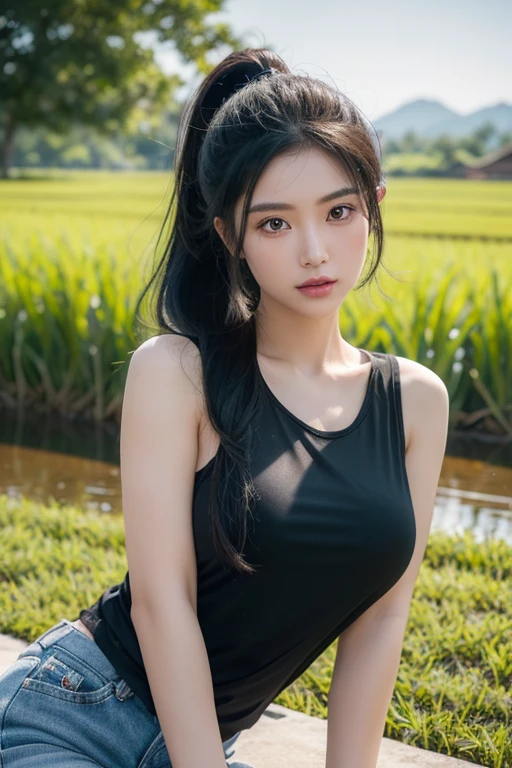 ภาพถ่ายหน้าตรงThai anime, Female anime Araffe 25 30 years old, Old ripped jeans, dark green t-shirt, Looking straight at you intently, Long-haired woman with a round face, Red cheeks, Pink cheeks, black eyes ตาสองชั้น, black eyes, Thai anime, Has a large chest size of 38 inches., ponytail woman, flowing black hair, long flowing black hair, she has black hair, Her black hair was long and wavy., beautiful black hair, Extra dark natural black hair, The shirt is tight., Looks hot., ,black eyes,abdominal muscles, rounded chest, outdoor, The background is a rice field., There is an old thatched Thai-style hut in the background., The evening sun shines, beautiful female model, jaw-dropping beauty, Attractive face and body, realistic: Open the aperture wide., professional lighting, Sony A7R4, 50 mm sitting lens. 2 ; Warm light, (digital painting, HDR, high contrast (digital painting, HDR, high contrast), (Highest quality),(Masterpiece:1.3),(sharp focus:1.2:),