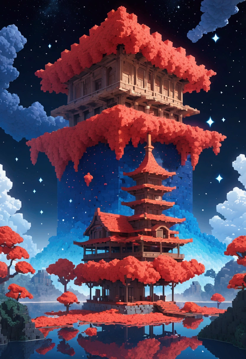 night，Beautiful girl with blue gradient dissolving pixels, 3D Voxel Blocks, A structure that was initially intact but gradually disintegrated in the air, Starry Sky，fantasy，magic，mystery，illusory，Dreamy，Inverted, red symmetry, high quality，Octane Rendering，Concept map of the scene,