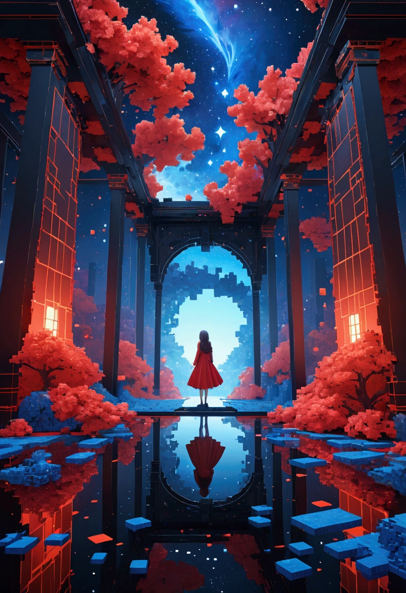 night,Beautiful girl with blue gradient dissolving pixels, 3D Voxel Blocks, A structure that was initially intact but gradually disintegrated in the air, Starry Sky,fantasy,magic,mystery,illusory,Dreamy,Inverted, red symmetry, high quality,Octane Rendering,Concept map of the scene,