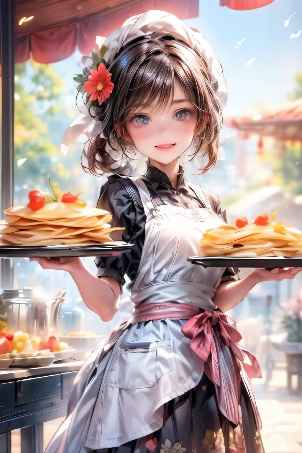 beautiful cute  young lady is holding plates that pancakes on them as a waitress, 1girl, smile, food, gloves, apron, solo, holding, red gloves, hat, open mouth, :d, blurry background, brown hair, flower, looking at viewer, blurry, shirt, hair ornament, white headwear, black shirt, short sleeves, blush, pancake, hair flower, plate, bangs, blue eyes, (best quality,4k,8k,highres,masterpiece:1.2),ultra-detailed,(realistic,photorealistic,photo-realistic:1.37),,