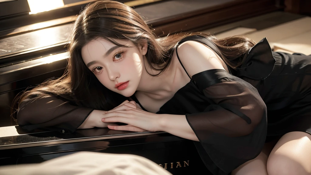 She is wearing a dress. The high-resolution image captures ultra-detailed realism and highlights Athena's seductive eyes, long eyelashes, and smooth skin. She plays the piano.
