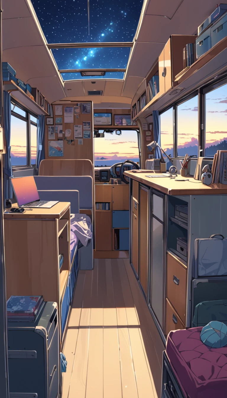 lofi art, style of Laurie Greasley, style of Makoto Shinkai, anime aesthetic, BREAK {illustration of inside converted bus. The interior should be cozy and detailed, featuring bunk beds. small window showing a night sky view, desk, computer, and personal items. Include shelves, storage spaces, and scattered personal belongings throughout the bus, giving it a lived-in feel. The atmosphere should be warm and intimate, highlighting the unique and compact living environment inside the bus.}