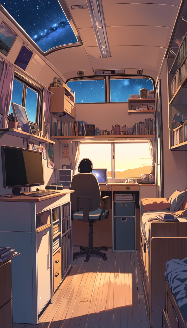 lofi art, style of Laurie Greasley, style of Makoto Shinkai, anime aesthetic, BREAK {illustration of inside converted bus. The interior should be cozy and detailed, featuring bunk beds. small window showing a night sky view, desk, computer, and personal items. Include shelves, storage spaces, and scattered personal belongings throughout the bus, giving it a lived-in feel. The atmosphere should be warm and intimate, highlighting the unique and compact living environment inside the bus.}
