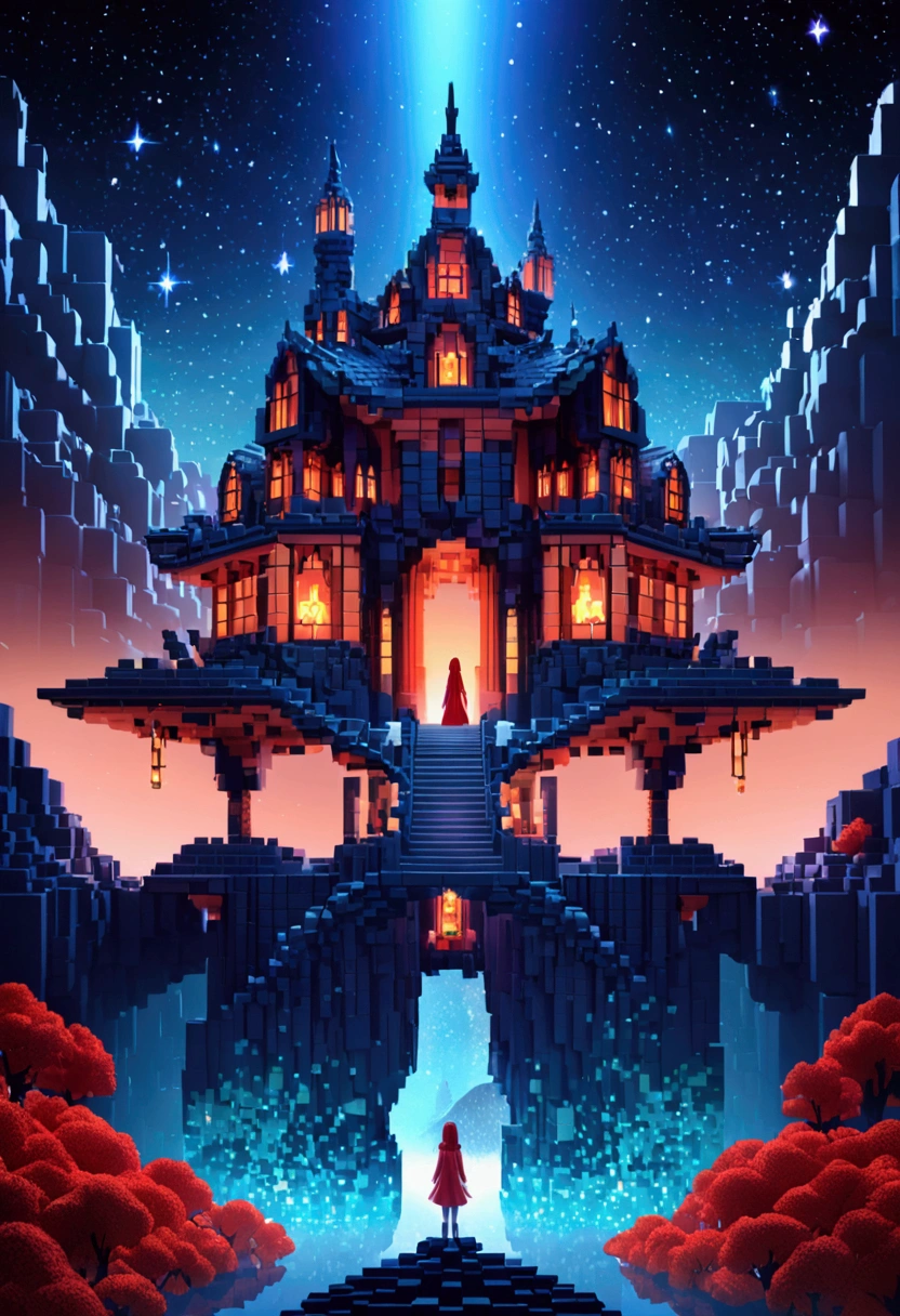 night,Beautiful girl with blue gradient dissolving pixels, 3D Voxel Blocks, A structure that was initially intact but gradually disintegrated in the air, Starry Sky,fantasy,magic,mystery,illusory,Dreamy,Inverted, red symmetry, high quality,Octane Rendering,Concept map of the scene,