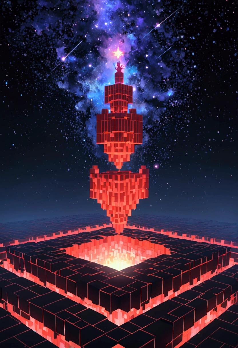 night，Beautiful girl with blue gradient dissolving pixels, 3D Voxel Blocks, A structure that was initially intact but gradually disintegrated in the air, Starry Sky，fantasy，magic，mystery，illusory，Dreamy，Inverted, red symmetry, high quality，Octane Rendering，Concept map of the scene,