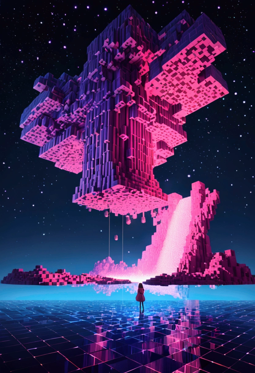 night,Beautiful girl with blue gradient dissolving pixels, 3D Voxel Blocks, A structure that was initially intact but gradually disintegrated in the air, Starry Sky,fantasy,magic,mystery,illusory,Dreamy,Inverted, red symmetry, high quality,Octane Rendering,Concept map of the scene,