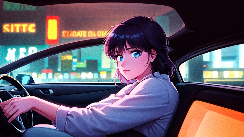 Create an image from the angle inside a car, showing a woman with a thoughtful expression on her face as she gazes out of the side window at the cityscape. The city outside should be visible, illuminated by streetlights and neon signs. Use soft, pastel colors and subtle gradients to capture a dreamy, reflective atmosphere. Ensure the interior of the car feels cozy and comfortable, adding to the overall serene vibe.窓の外を見ている。