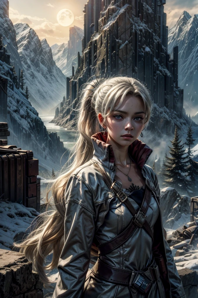 (masterpiece, best quality:1.2), cowboy shot, weissvale, expressionless, closed mouth, looking at viewer, long white hair, side ponytail, scar above eye, military dress, jewelry, necklace, earrings, in city ruins on hill, crowd (crowd in military uniform), overlooking valley, BREAK night, stars, moon, snow, BREAK mountains in background, waterfall, vehicle wreck, , bonfires, post-apocalypse, dystopian future,