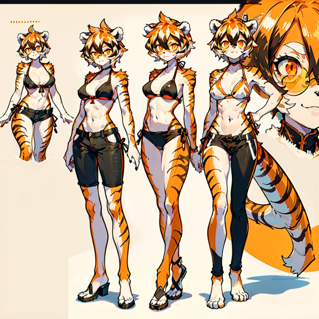 (CharacterSheet:1),(multiple views, full body, upper body, reference sheet:1),white background, full body, ((furry female:1.2)), Standing, animal ears, white hair, black hair, short hair, large breasts, muscle, tail, orange eyes, orange hair, multicolored hair, tiger girl, hair between eyes, tiger_ears, tiger_tail, orange-tinted_eyewear, tinted_eyewear, big breasts, evil smile, Shadows under feet, Abdominal muscles, (((bikini outfit:1.2))),