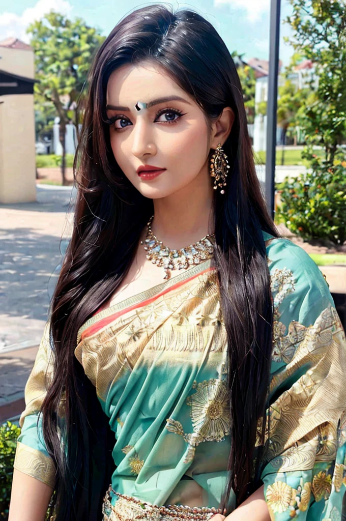 best quality, masterpiece, detailed, realistic, 1girl, detailed, realistic body, detailed eyes, detailed face, ultra high details, masterpiece, looking at viewer, porimoni, pori moni, large breasts, a woman with long hair, black hair, detailed hair, detailed face, face,  shaded face, fair skin, saree, sari, 
unbuttoned, unbuttoned shirt,  skin texture, full body,
