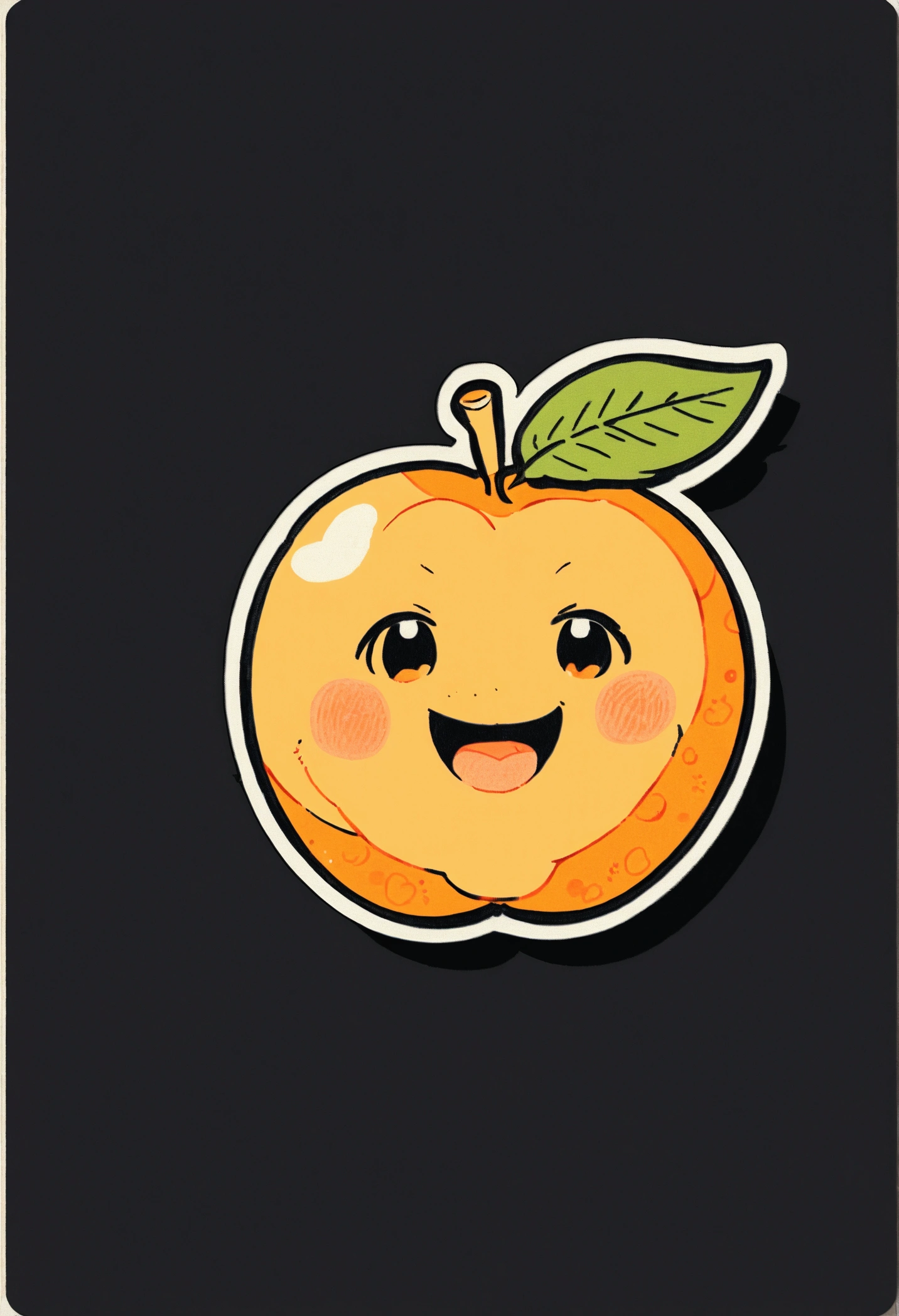 : with background with black colors,Yellow peach cute fruit illustration, Use bold outline style,,Cute IP image,Smiling emoticon,