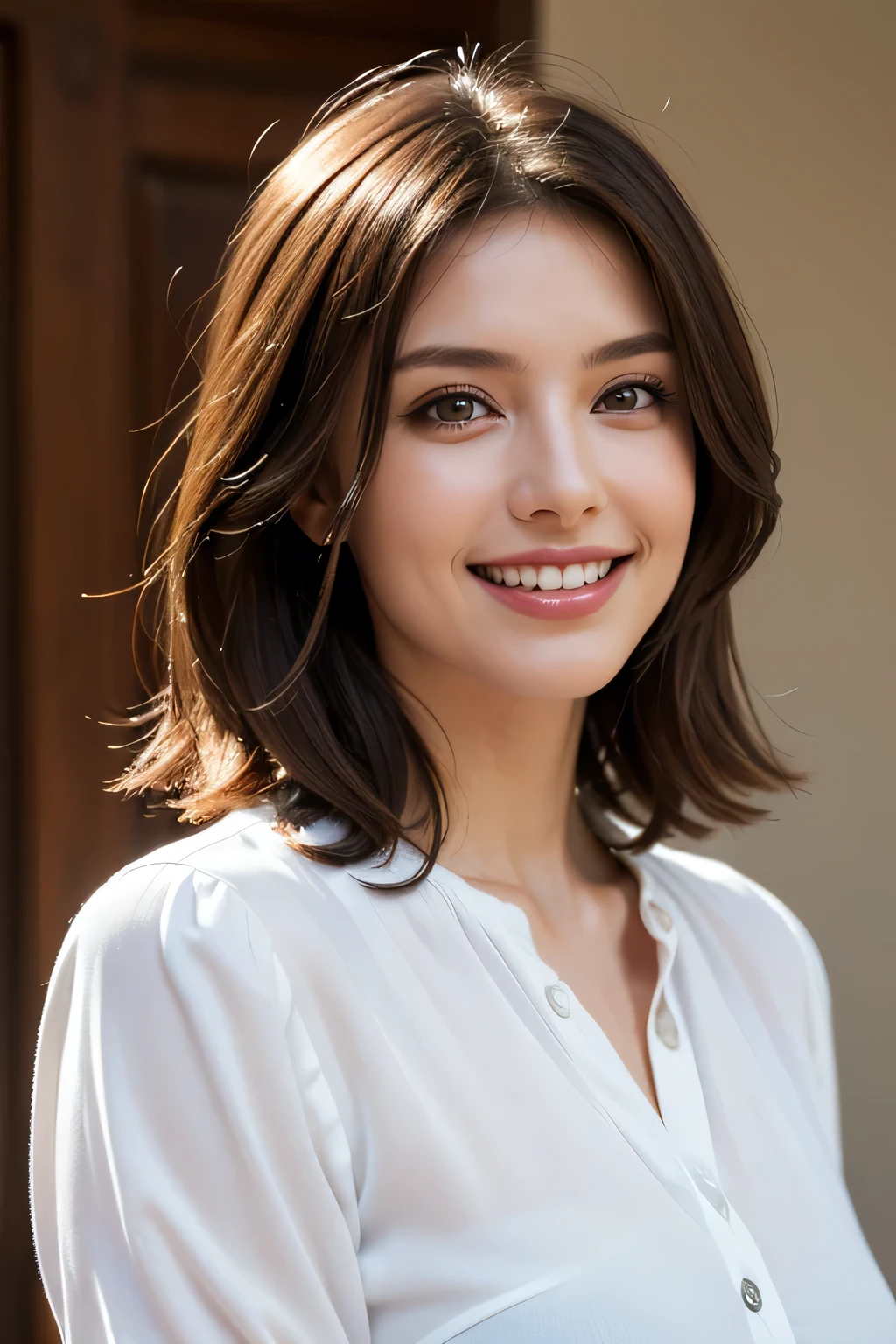 ((masterpiece)), ((Highest quality)), ((Complex)), ((Surreal)), (Realistic), (Mature Woman), ((There are no classes)), Very detailed, (1 female), Beautiful and exquisite, (Beautiful Teeth), Grin, Brunette Bob Hair, Brown eyes, ((blouse)), (Upper Body), (background:none), Perfect Eyes, Captivating eyes, Looking at the audience
