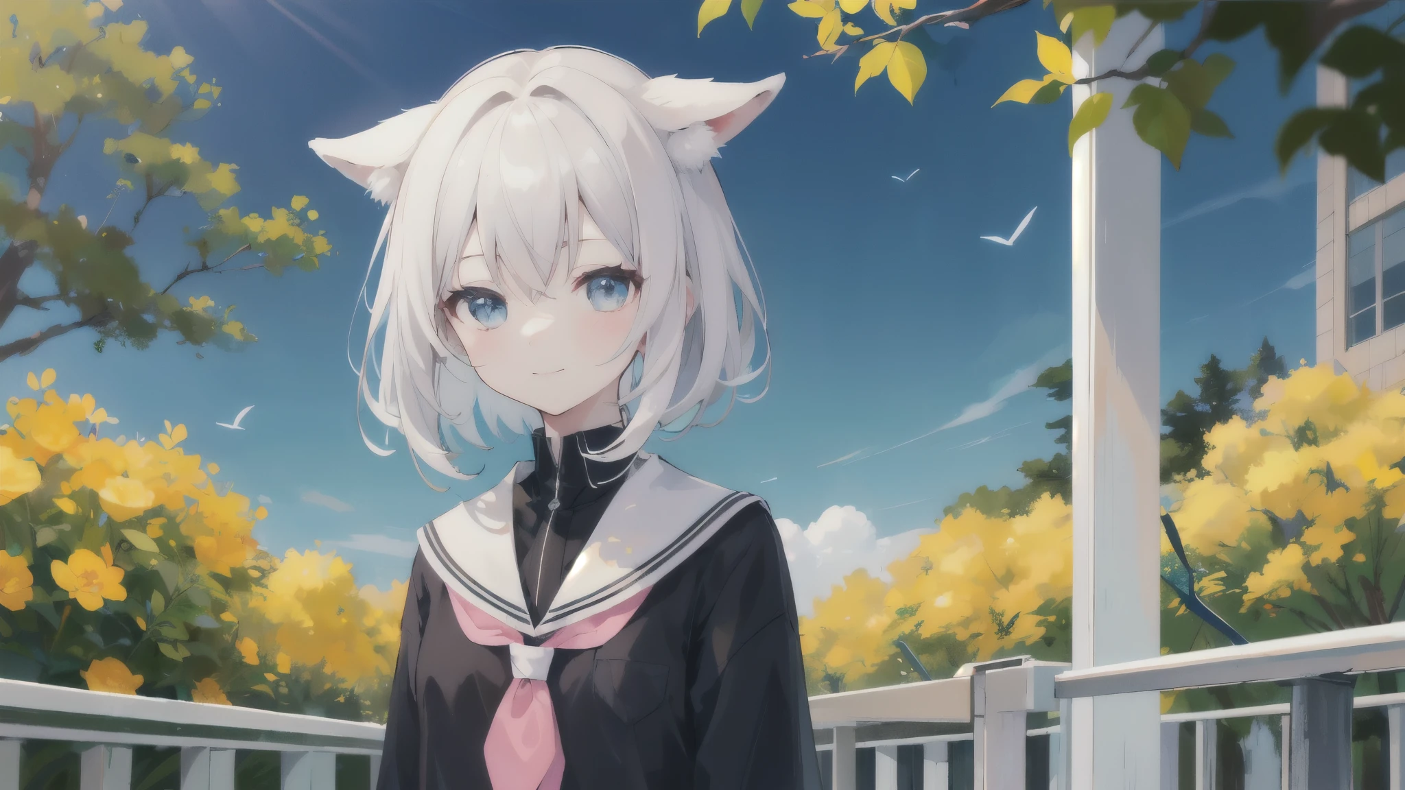 (upper_body:1.5), close, cherry_flower, Outdoor, Day, spring_\(season\), 1 Girl, smile, 一人in, 前hair, green_eye, blush, closed_mouth, looking for_in_Audience, length_hair, brown_hair, branch, eyebrow_appear_Through_hair, floining_hair,hair_between_eye, green_crew_collar, Seraphim, length_Dispel, neckerchief, pleined skirt, pink_flower, flowerびら, wood, white_shirt, Wind, handrail, null , I have a guitar, whiteいハイソックスを履いてブラウンの革靴を履いている