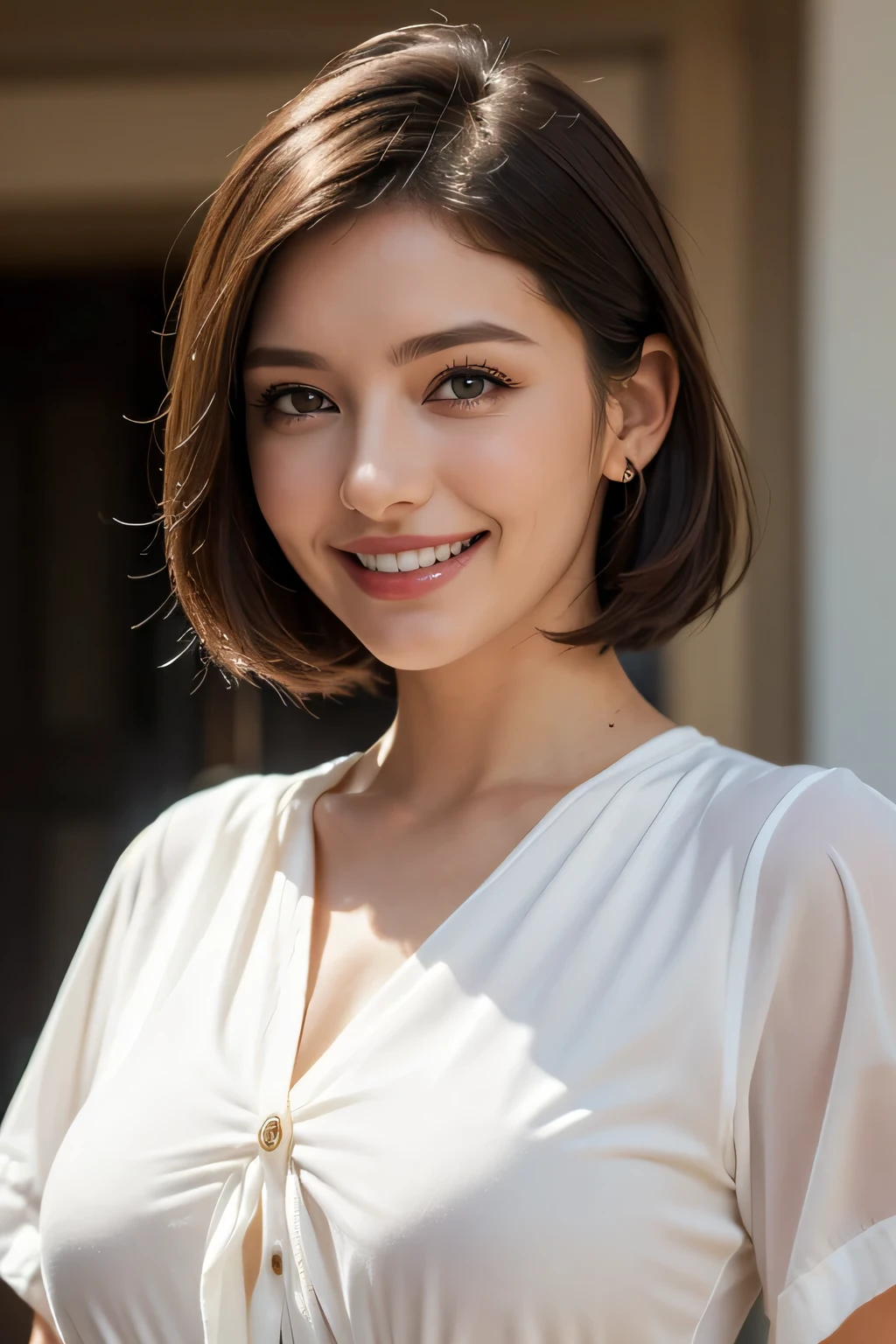 ((masterpiece)), ((Highest quality)), ((Complex)), ((Surreal)), (Realistic), (Mature Woman), ((There are no classes)), Very detailed, (1 female), Beautiful and exquisite, (Beautiful Teeth), Grin, Brunette Bob Hair, Brown eyes, ((blouse)), (Upper Body), (background:none), Perfect Eyes, Captivating eyes, Looking at the audience