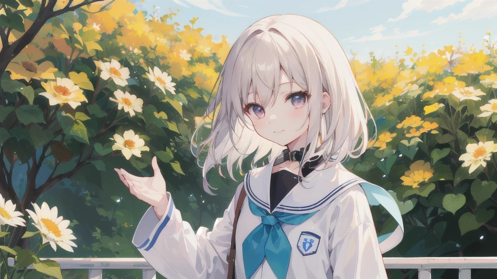 (upper_body:1.5), close, cherry_flower, Outdoor, Day, spring_\(season\), 1 Girl, smile, 一人in, 前hair, green_eye, blush, closed_mouth, looking for_in_Audience, length_hair, brown_hair, branch, eyebrow_appear_Through_hair, floining_hair,hair_between_eye, green_crew_collar, Seraphim, length_Dispel, neckerchief, pleined skirt, pink_flower, flowerびら, wood, white_shirt, Wind, handrail, null , I have a guitar, whiteいハイソックスを履いてブラウンの革靴を履いている