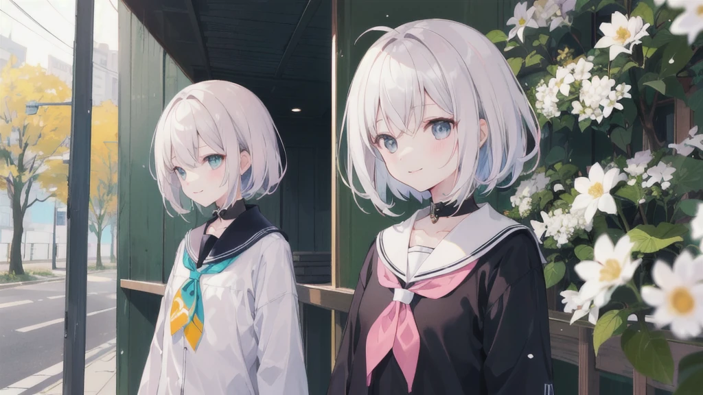 (upper_body:1.5), close, cherry_flower, Outdoor, Day, spring_\(season\), 1 Girl, smile, 一人in, 前hair, green_eye, blush, closed_mouth, looking for_in_Audience, length_hair, brown_hair, branch, eyebrow_appear_Through_hair, floining_hair,hair_between_eye, green_crew_collar, Seraphim, length_Dispel, neckerchief, pleined skirt, pink_flower, flowerびら, wood, white_shirt, Wind, handrail, null , I have a guitar, whiteいハイソックスを履いてブラウンの革靴を履いている