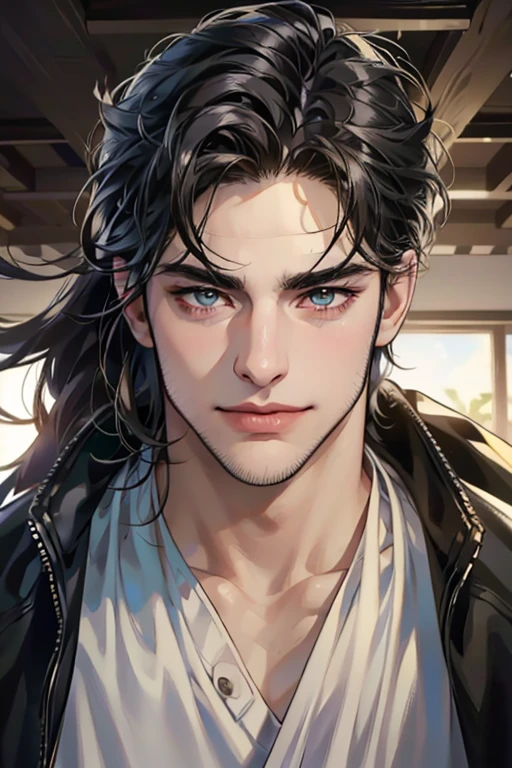 (best quality,4k,8k,highres,masterpiece:1.2),ultra-detailed,(realistic,photorealistic,photo-realistic:1.37),30 year old man,3 day beard,handsome anime,portraits,strong,masculine,dark hair,sharp jawline,mesmerizing eyes,perfectly styled hair,cool anime outfit,confident expression,vibrant colors,dynamic lighting, CEO and expression smile in love.

