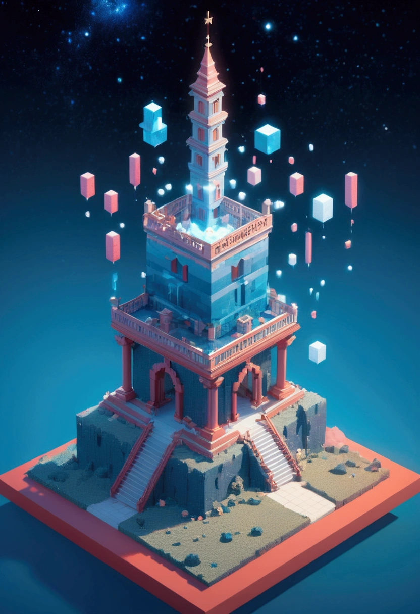 night，Beautiful girl with blue gradient dissolving pixels, 3D Voxel Blocks, A structure that was initially intact but gradually disintegrated in the air, Starry Sky，fantasy，magic，mystery，illusory，Dreamy，Inverted, red symmetry, high quality，Octane Rendering，Concept map of the scene,