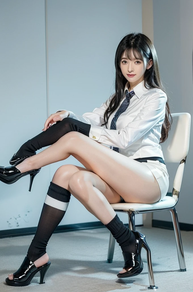 ((Highest quality、、Representative works details、Ultra-high resolution))、(Group photo)、(Looking at the audience)、(Mid Shot:)、Attractive business woman、1 person、A little chubby:0.25、White collar shirt、Grey Skirt、(sitting cross-legged on a chair))、smile、president's office、Large Bust、mini skirt、Panties Run-6500-v1.1、(RAW Photos:1.2)。
(Photorealism)。(Genuine:1.4)。One Girl、Perfect full body anatomy。28years old、Looking at the camera。Black knee-high socks are perfect、Delicate and beautiful。。、There is always one Nike logo visible on the socks.。The socks are of super high quality。The two legs are beautifully placed.、The entire sock is always visible。Medium Long Hair、Best Check。((Changes in the meeting room:1.3) )。(Wearing surreal black socks with the Nike logo on them:Black Nike socks close up 1.2)。(Black stiletto heels)。Stiletto heels are beautiful all the way to the toes、
(Business services)、Asian Eyes Era、Wear:Beautiful black Nike thigh-high socks
