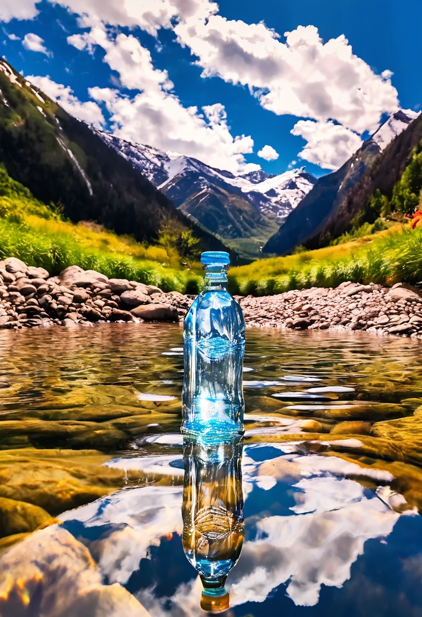 a close-up of a glass water bottle in a river of pure and crystal clear water, background water, water, crystal clear water, mountain water, transparent water, crystal clear water, clear water, detailed water, transparent water, beautiful water, ultra detailed water, detailed lake in the background, realistic water, water water, full of water, crystal clear blue water, pristine water, mountain ranges full of snow in the background, clear day, blue sky with clouds, full details, the bottle is reflected the background, full details, epic realism