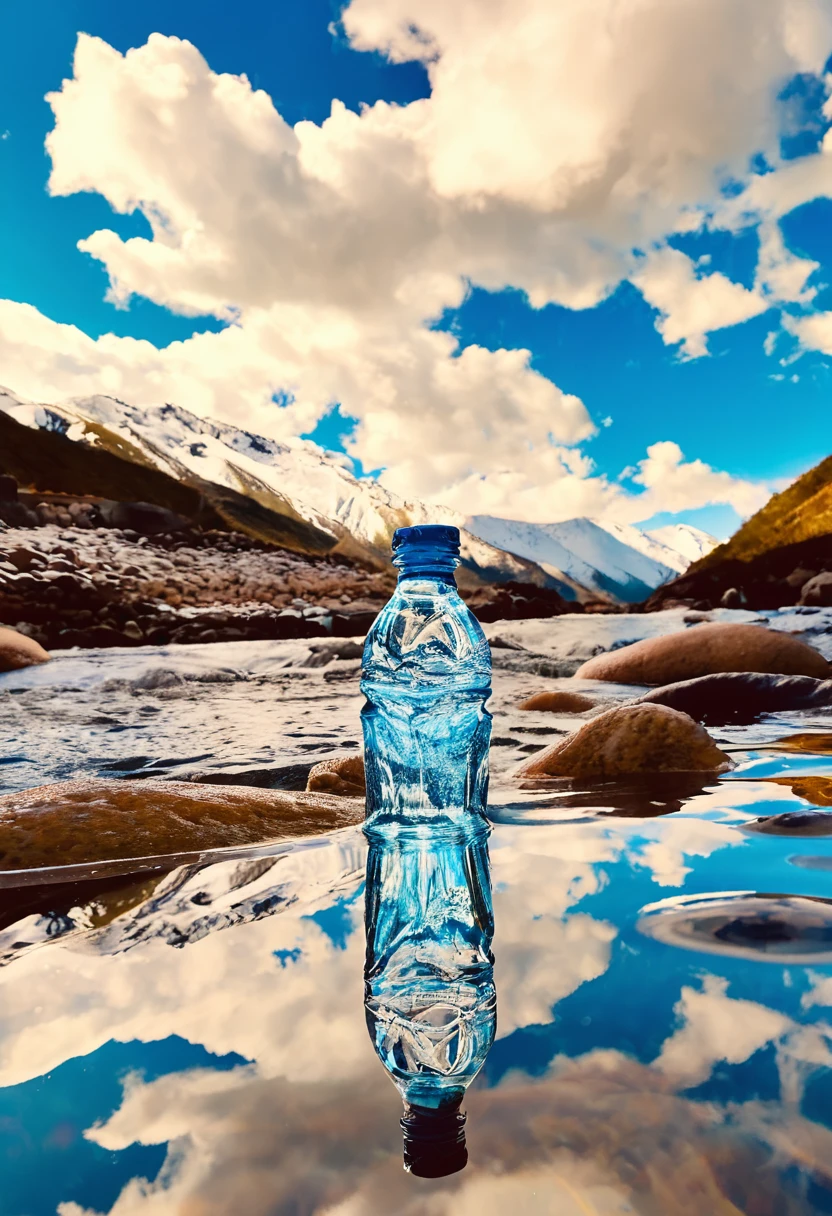 a close-up of a glass water bottle in a river of pure and crystal clear water, background water, water, crystal clear water, mountain water, transparent water, crystal clear water, clear water, detailed water, transparent water, beautiful water, ultra detailed water, detailed lake in the background, realistic water, water water, full of water, crystal clear blue water, pristine water, mountain ranges full of snow in the background, clear day, blue sky with clouds, full details, the bottle is reflected the background, full details, epic realism